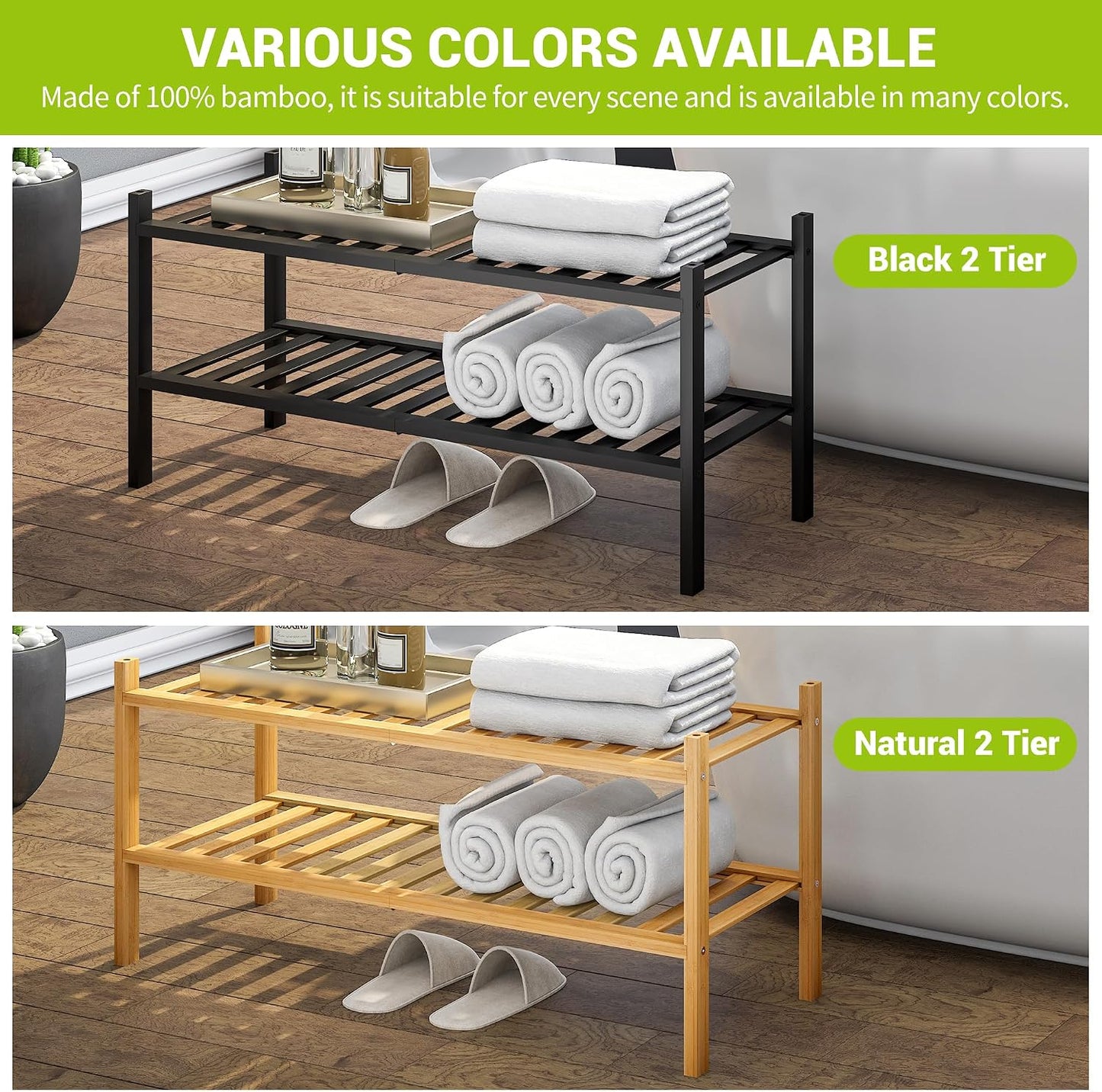 BMOSU 2-Tier Bamboo Small Shoe Rack Premium Stackable Shoe Shelf Storage Organizer for Hallway Closet Living Room Entryway Organizer (Black Bamboo)