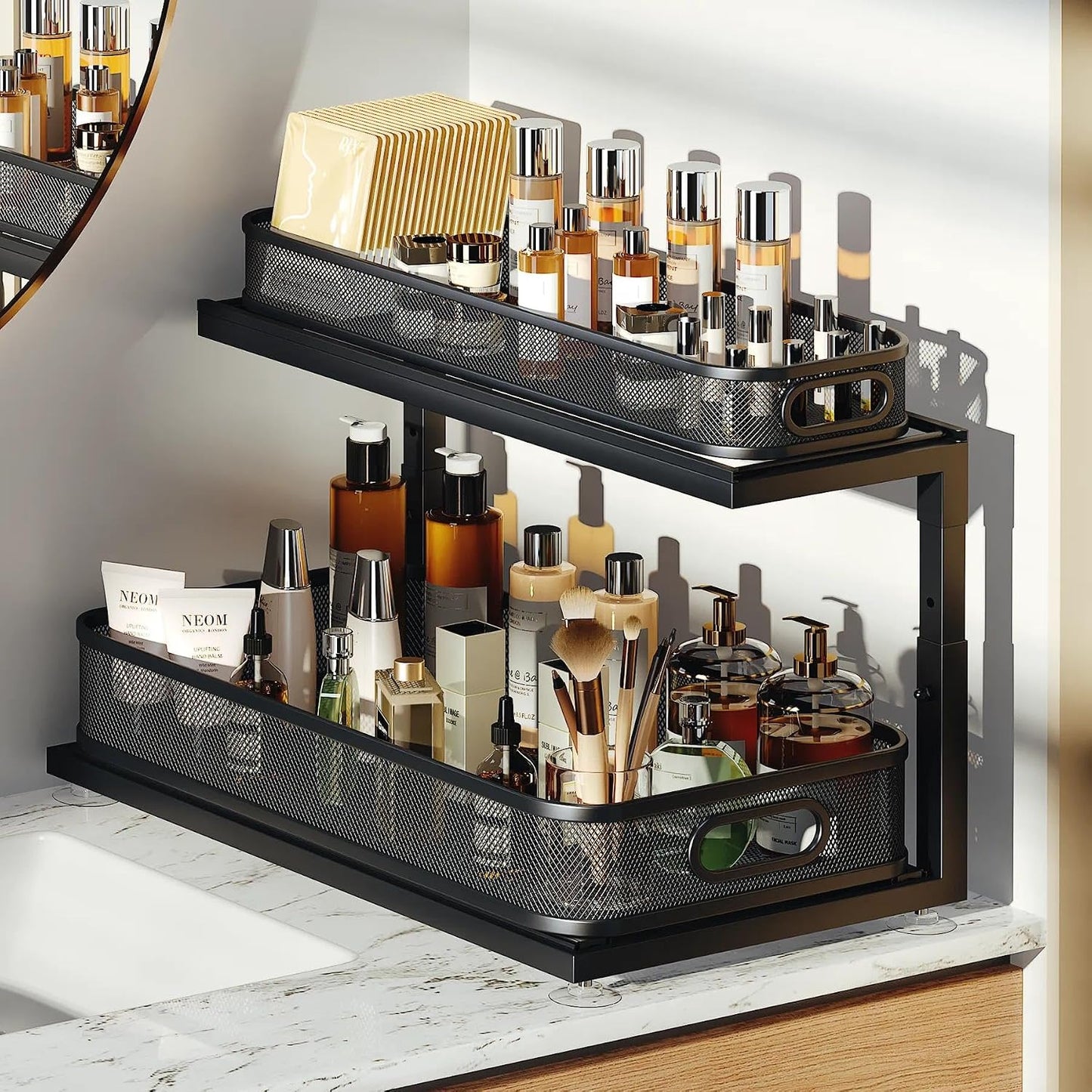 2-Pack Under Sink Storage Organizer with 2-Tier Slide Out Drawer, Sophisticated Mesh Pull Out Shelf for Kitchen & Bathroom, Fits Small Items, Upgraded Arched Track for Smooth Gliding(Patented)