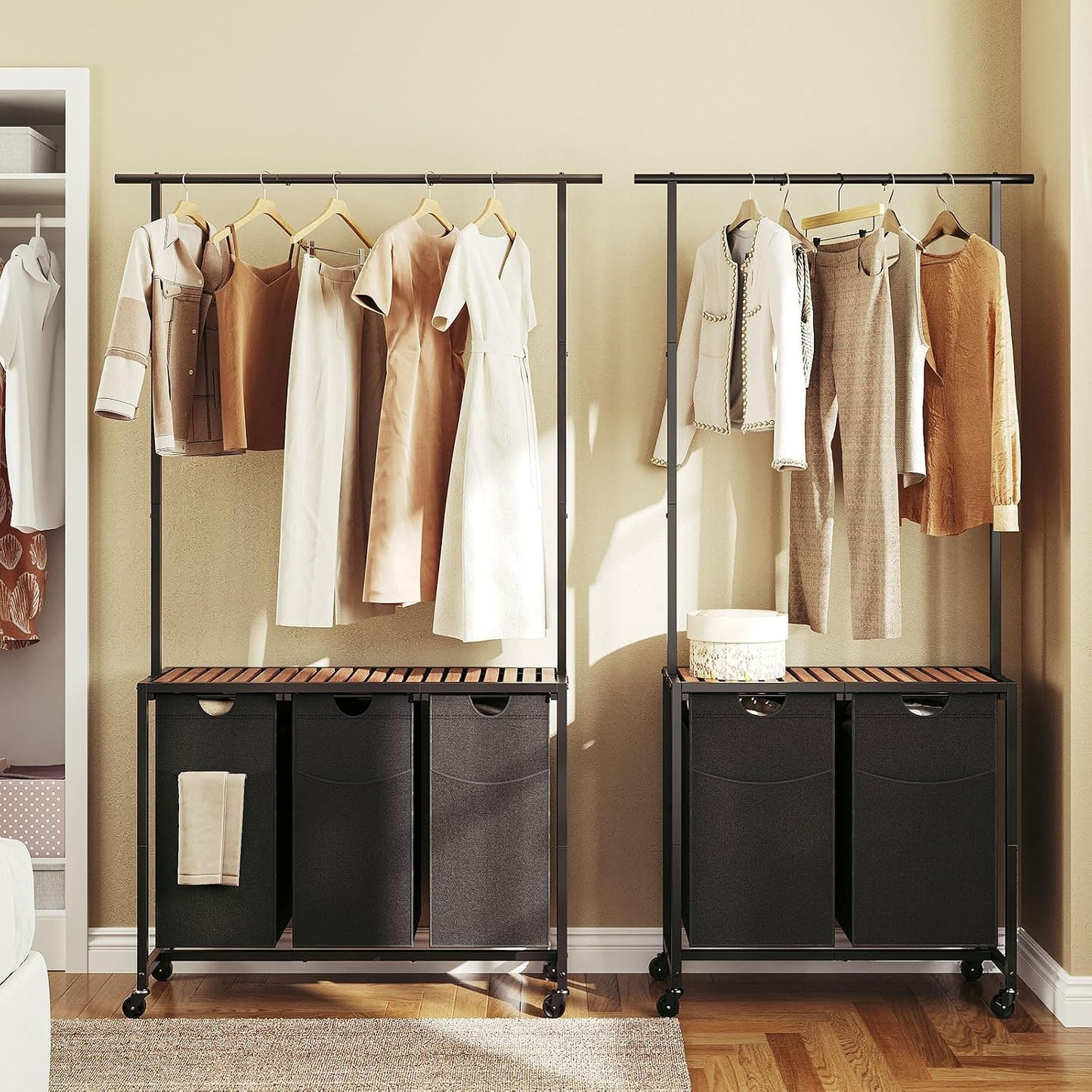 YATINEY Laundry Sorter 4 Section, Rolling Laundry Hamper with Hanging Rack, Laundry Sorter with Wheels, Hampers for Laundry, Laundry Basket Organizer for Laundry Room, Rustic Brown LS47BR