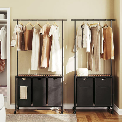 YATINEY Laundry Sorter 4 Section, Rolling Laundry Hamper with Hanging Rack, Laundry Sorter with Wheels, Hampers for Laundry, Laundry Basket Organizer for Laundry Room, Rustic Brown LS47BR