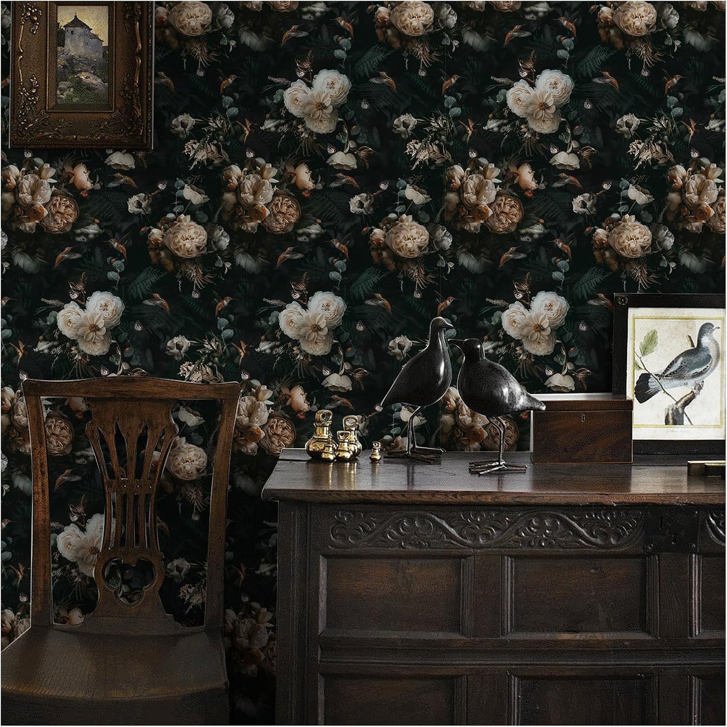 Floralplus Peel and Stick Wallpaper Removable Dark Floral Wallpaper 17.5 x 393 in Renter Friendly Wallpapers for Bedroom Accent Wall Black Floral Contact Paper Flower Wall Mural