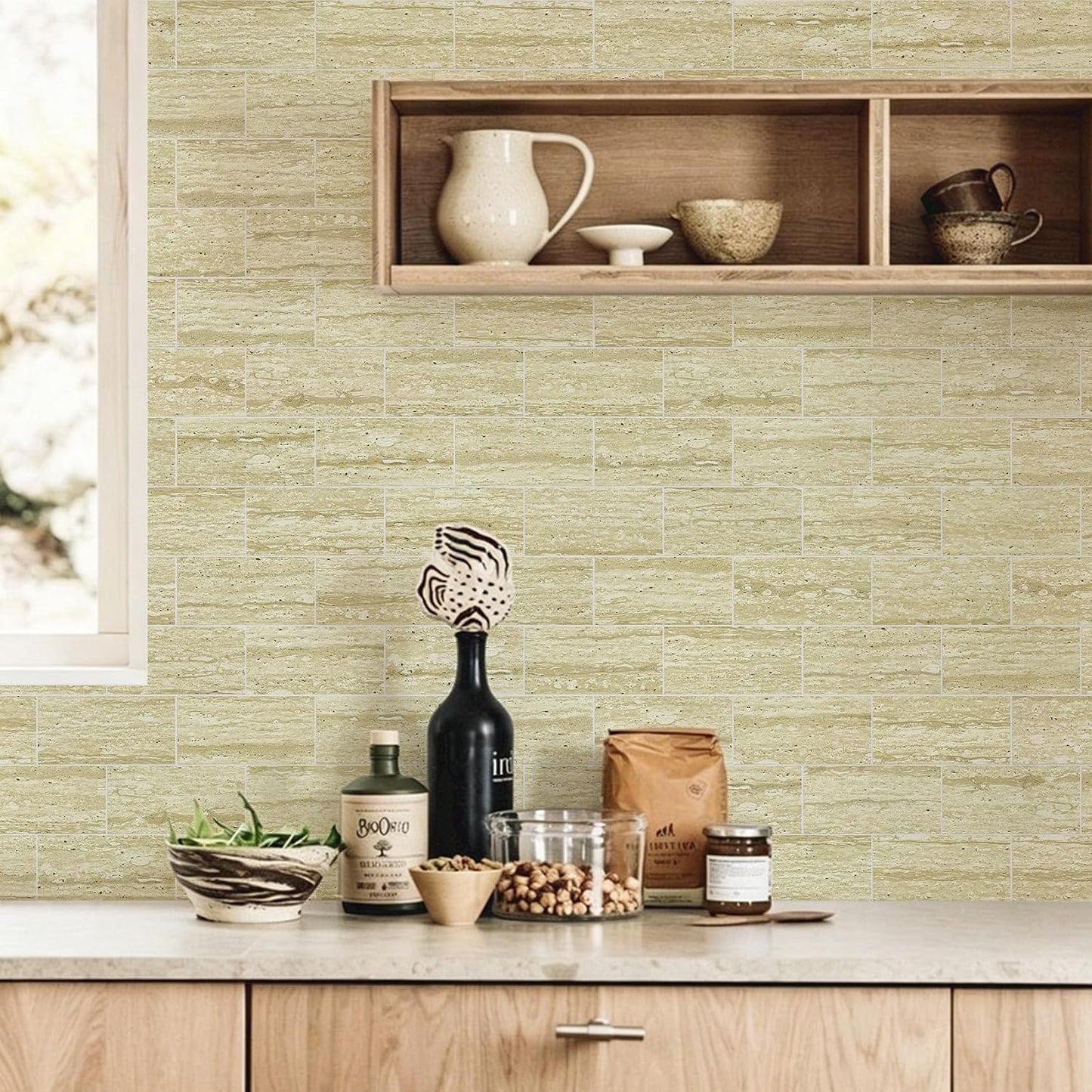 Vamos Tile 100-Piece Glossy Dolomite White Peel and Stick Backsplash Tile,3''x6'' PVC Subway Tile with White Grout, Stick on Backsplash for Kitchen/Bathroom/Fireplace