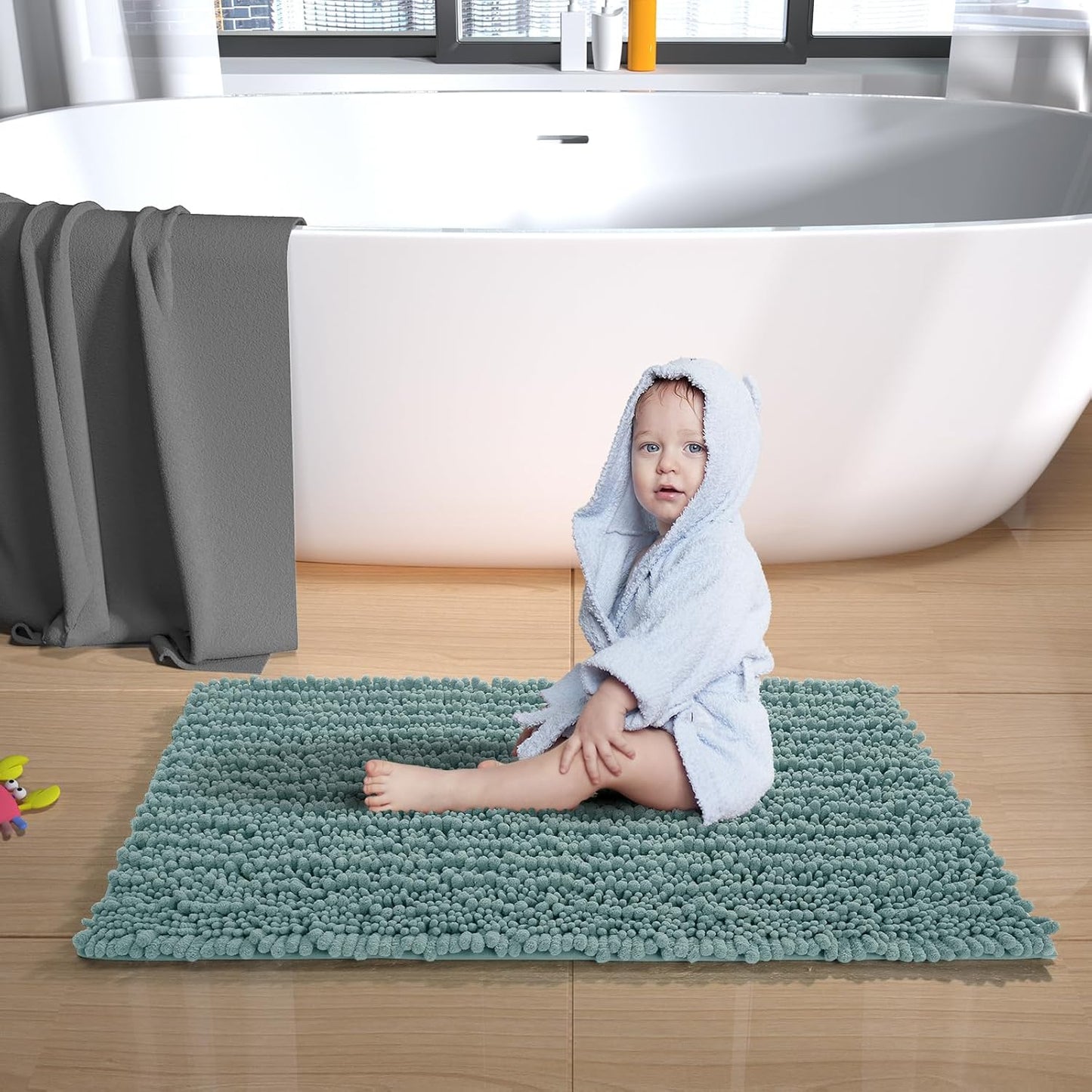 Yimobra Bathroom Rugs Non Slip Washable - Ultra Soft Absorbent Chenille Bath Mat, Quick Dry Shaggy Floor Carpet for Tub Shower, Gray Home Decor Accessories, 24x17 Inch