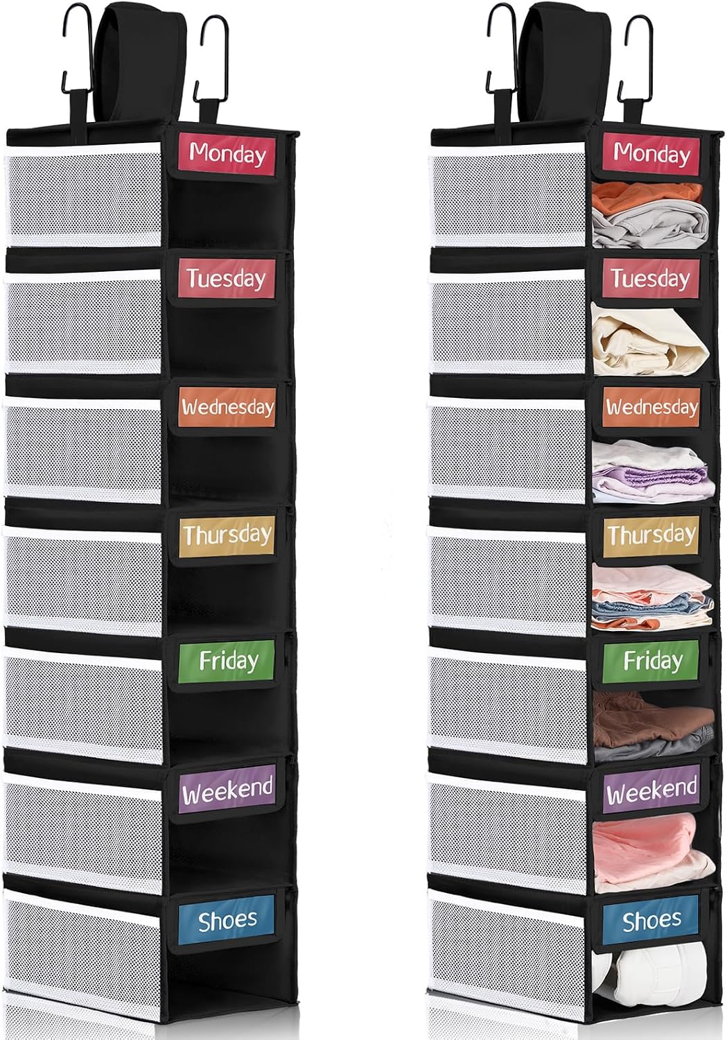 2 Pack 7 Shelf Weekly Clothes Organizer Hanging Closet for Kids with Side Pockets Weekday Shoes Rack Weekly Clothes Organizers Monday Through Weekend Foldable Storage Shelves(Black)