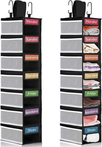 2 Pack 7 Shelf Weekly Clothes Organizer Hanging Closet for Kids with Side Pockets Weekday Shoes Rack Weekly Clothes Organizers Monday Through Weekend Foldable Storage Shelves(Black)