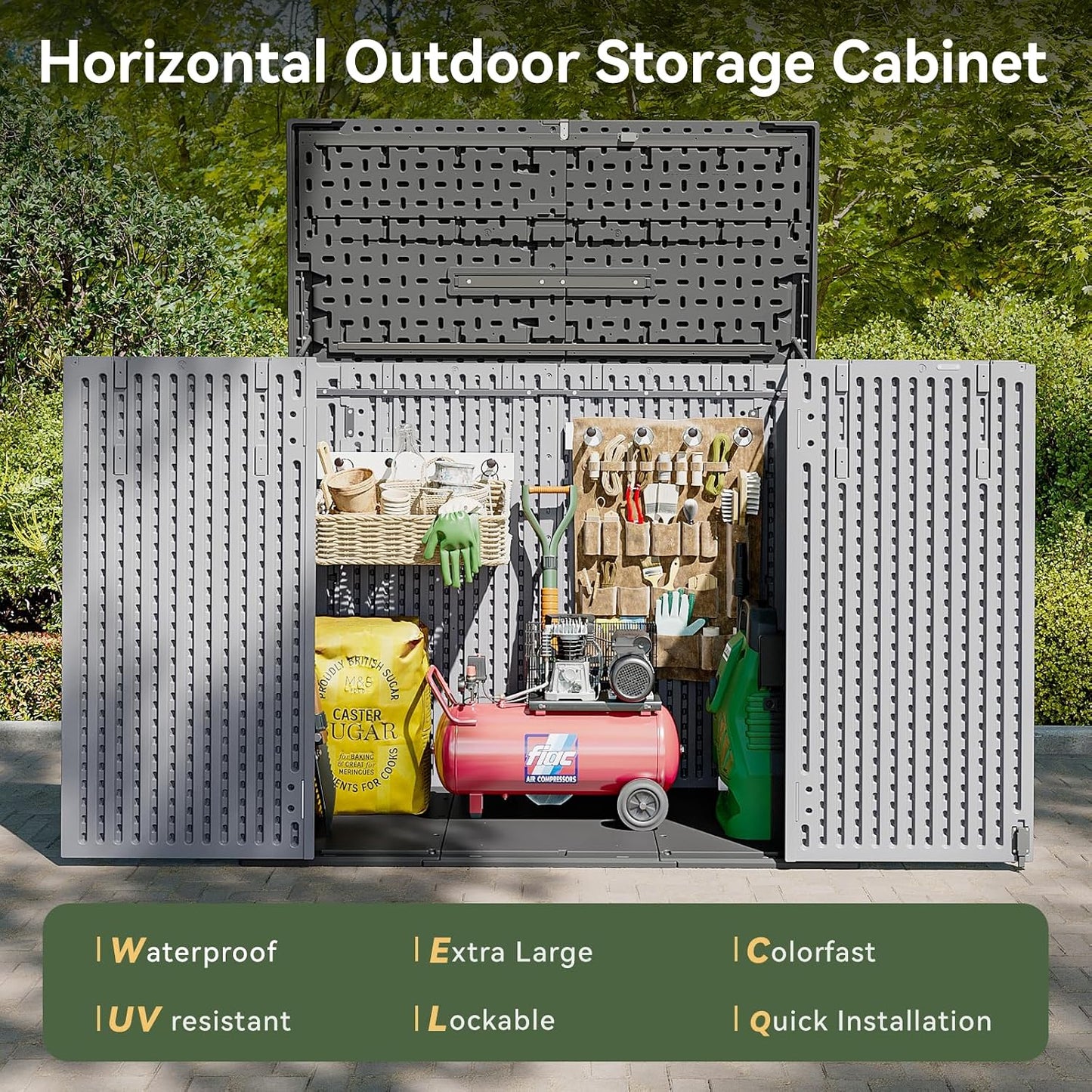 AOXUN Horizontal Storage Sheds 21 Cu.ft, HDPE Outdoor Storage Box 160 Gallon, Waterproof Lockable Resin Deck Box with Spring-Assisted Lid, Patio Storage for Garden, Pool, Cushions, Tools, White
