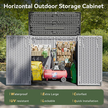 AOXUN Horizontal Storage Sheds 21 Cu.ft, HDPE Outdoor Storage Box 160 Gallon, Waterproof Lockable Resin Deck Box with Spring-Assisted Lid, Patio Storage for Garden, Pool, Cushions, Tools, White
