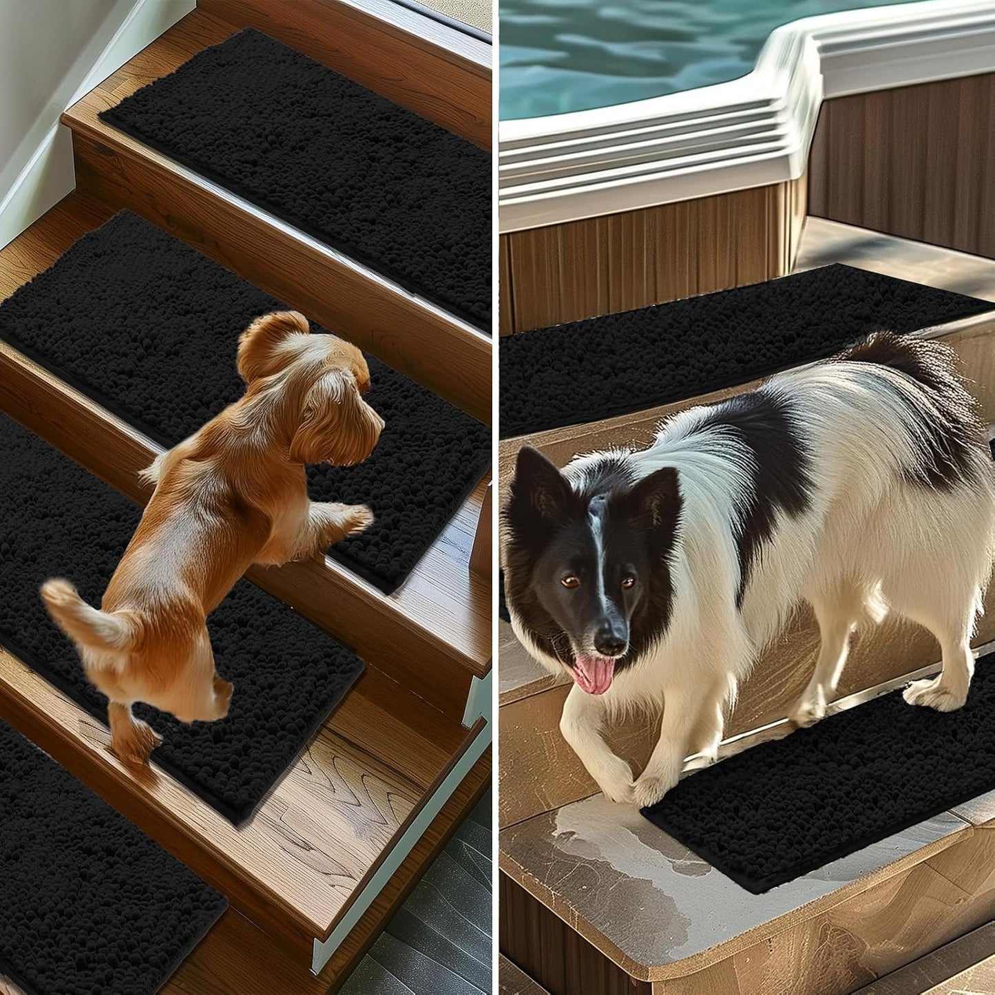 Muddy Mat® Pack of 4 - Soft Chenille Stair Treads Non-Slip Reusable, Super Absorbent Stair Treads for Wooden Steps, Tile & Marble Floor, Easy to Install & Machine Washable - Brown 30'' x 7''