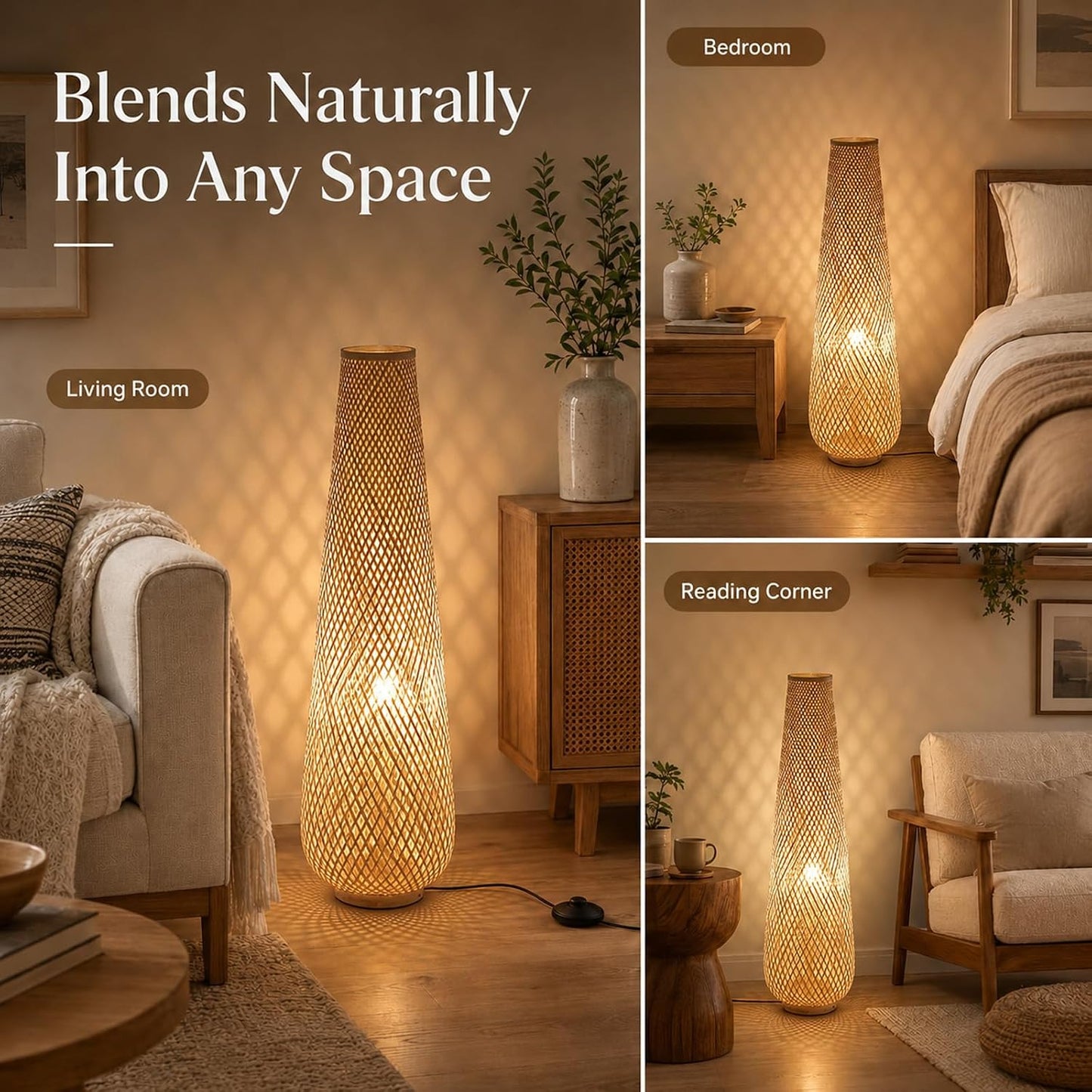 MIXL-Farmhouse Style Bamboo Floor Lamp,Large Wicker Indoor Floor Light,Boho Standing Light Plug in,Modern Minimalist Standing Lamp for Living Room Bedroom