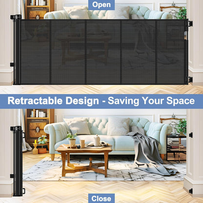 Reinforced Retractable Baby Gates with Support Beam 60" Wide Retractable Dog Gate Indoor Prevent Children and Dogs from Crawling Under Outdoor Dog Gate for Deck Mesh Gates for Kids or Pets, Black