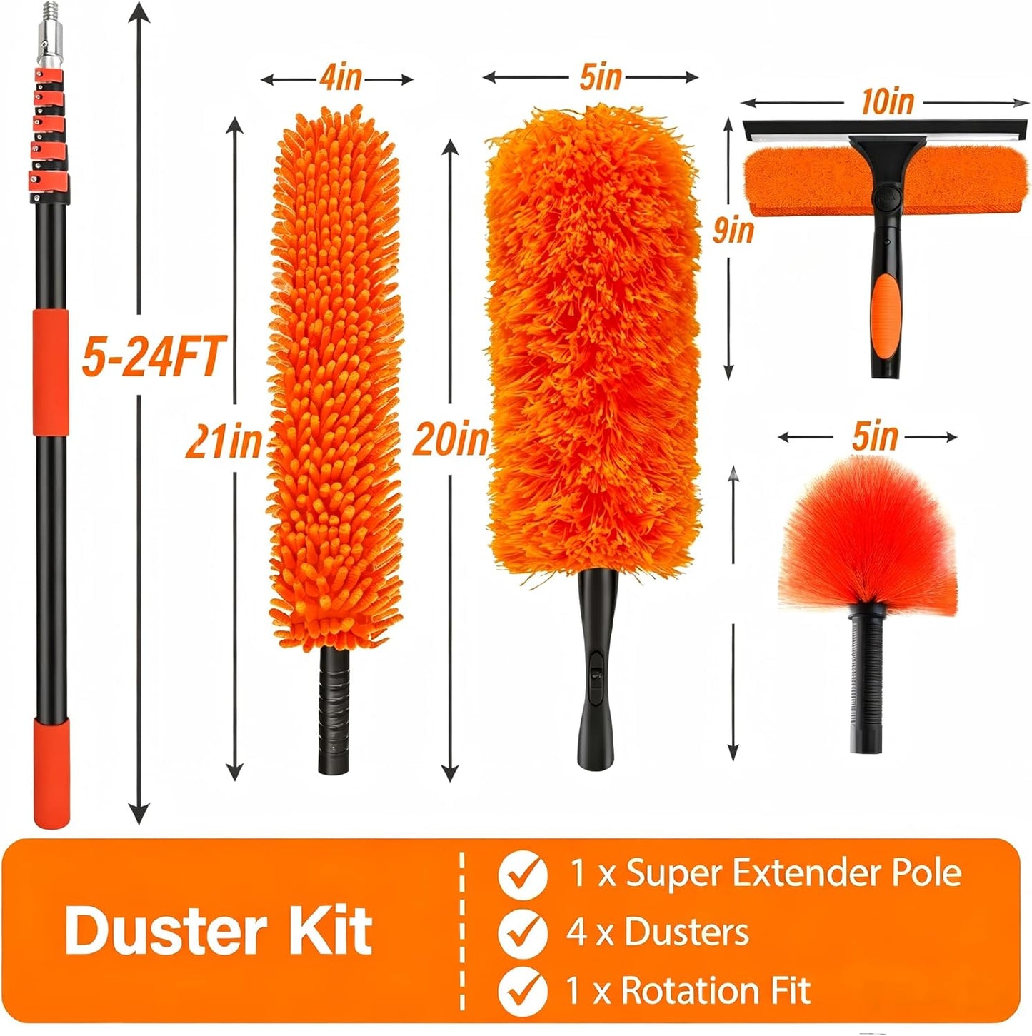 26FT High Reach Duster Cleaning Kit with 5-20 FT Extension Pole,High Ceiling Dusting and Window Cleaning Kit with Microfiber Feather Duster,Cobweb Duster,Ceiling Fan Duster,Window Squeegee Cleaner