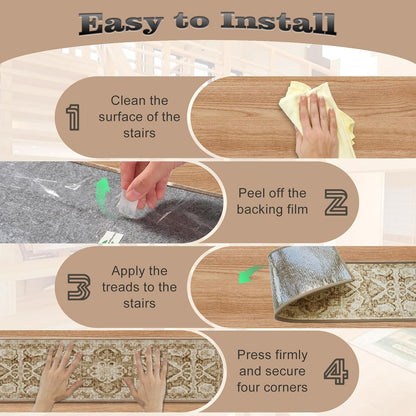 Non Slip Stair Treads for Wooden Steps, 15 Pack 8"x30" Washable Carpet | 8x30 in soft chenille polyester stair treads with reusable TPE backing for indoor wood stairs, dogs, kids, and seniors