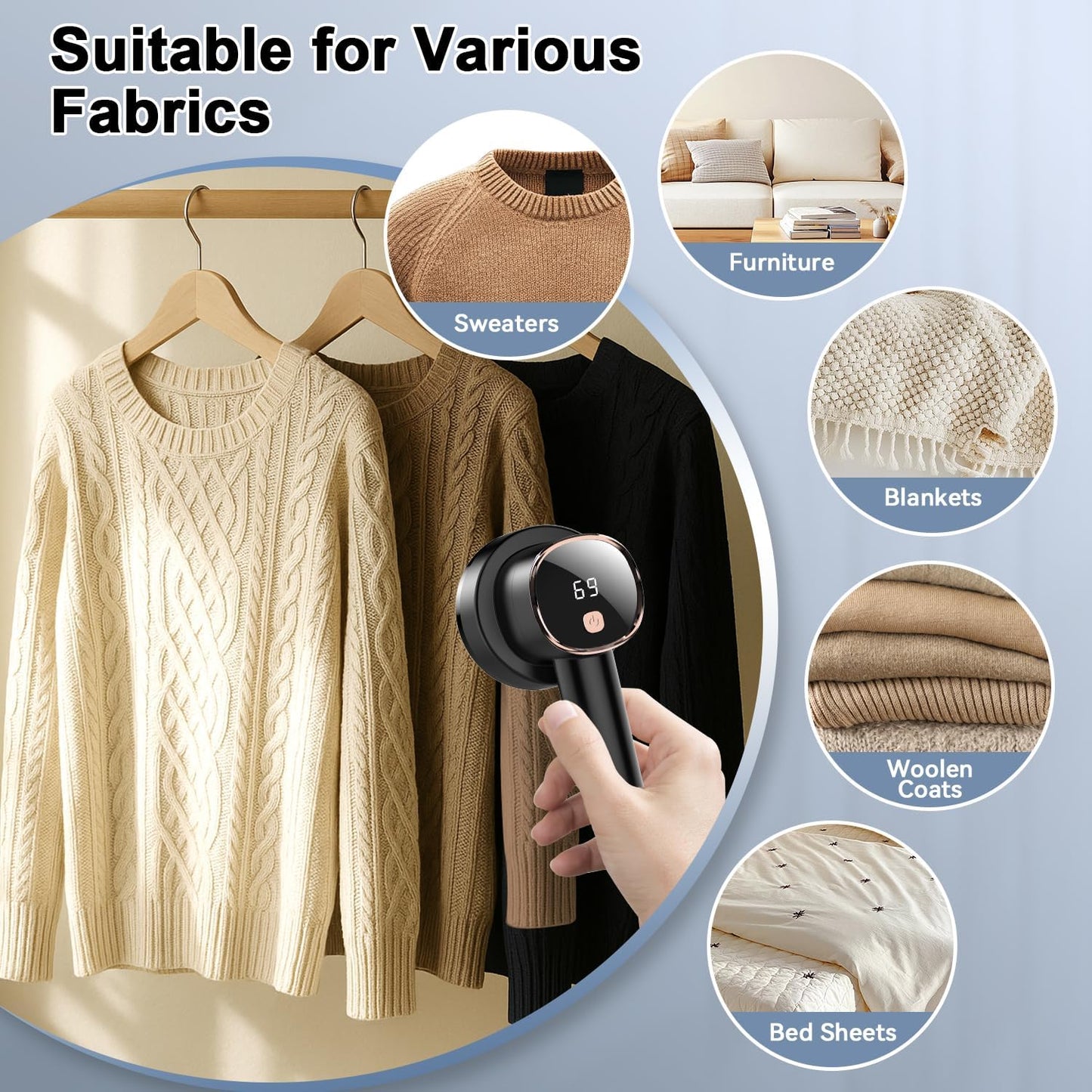 Rechargeable Fabric Shaver for Clothes: 6-Leaf Blades & 3 Speeds to Remove Pilling, Fuzz & Lint Balls - with LED Display, Portable Electric Lint Remover for Sweater, Couch, Blanket, Furniture