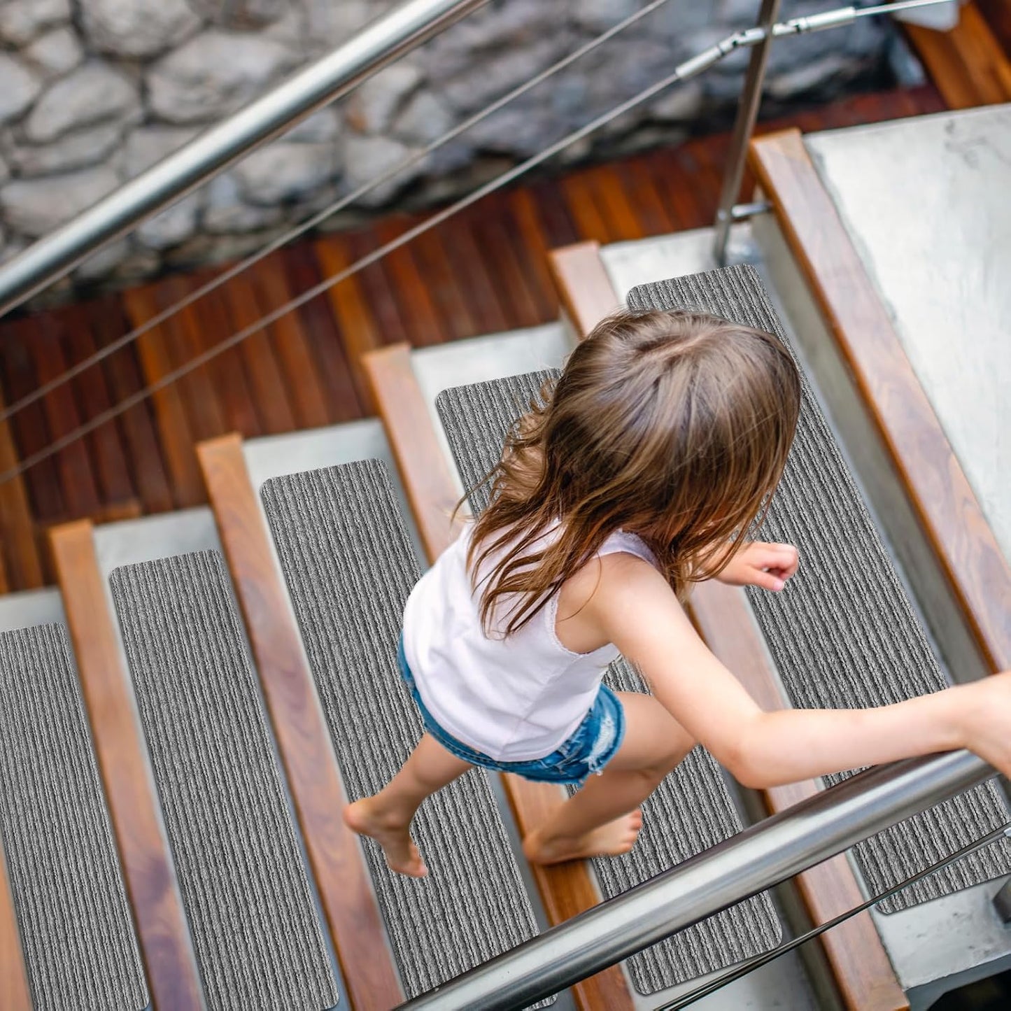 15 Pack 8 "X 30" Non-Slip Carpet Stair Treads for Indoor Wooden Steps, Made of Polyester and Reusable Adhesive, Suitable for Kids Elders and Pets（Black Lines）