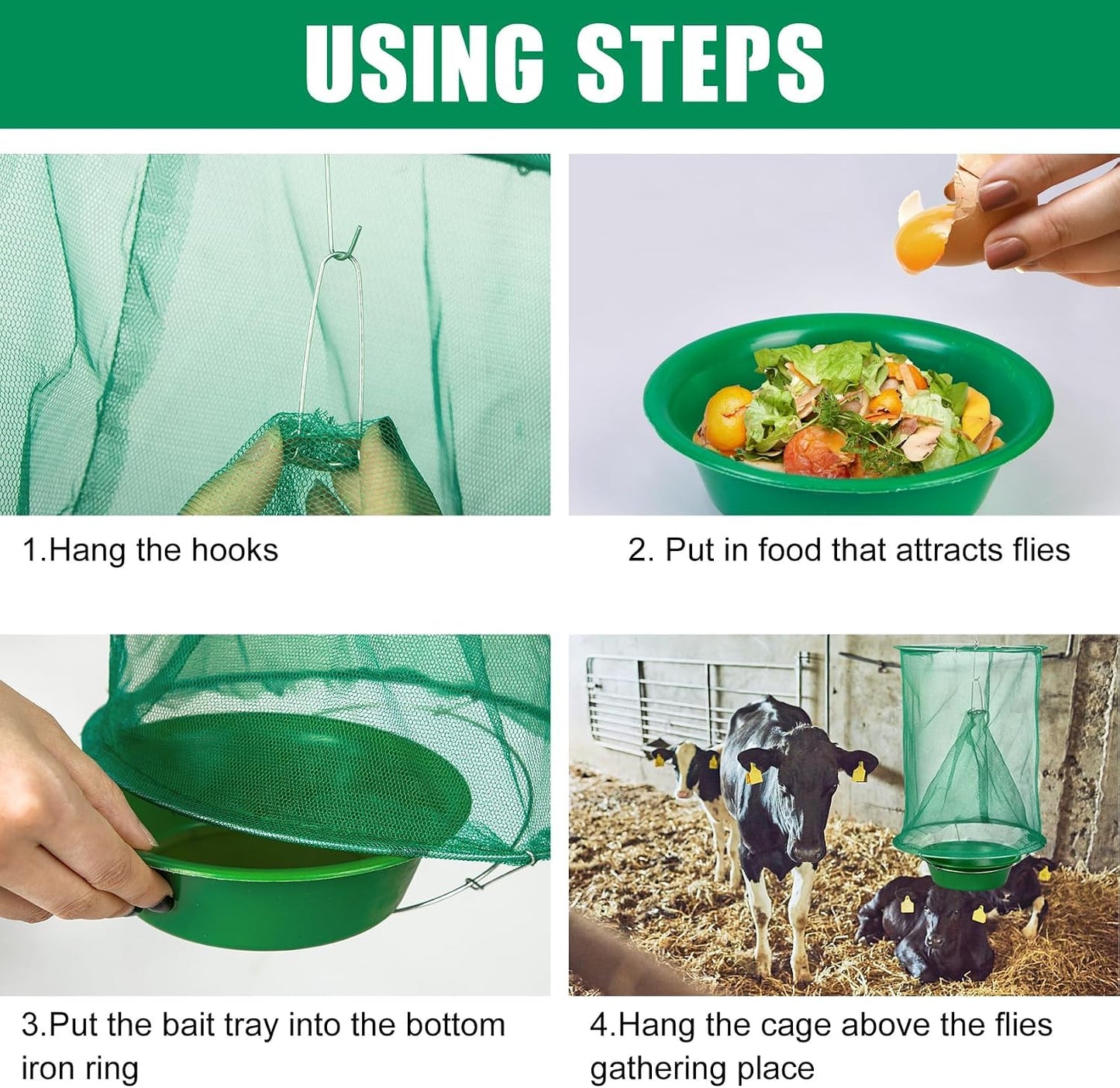 4 Pack Ranch Fly Traps Outdoor Hanging, Reusable Stable Fly Hunter Catcher Cage with Food Bait Tray, Flies Control Killer Repellent for Barn, Orchard, Farm, Horse, Patio
