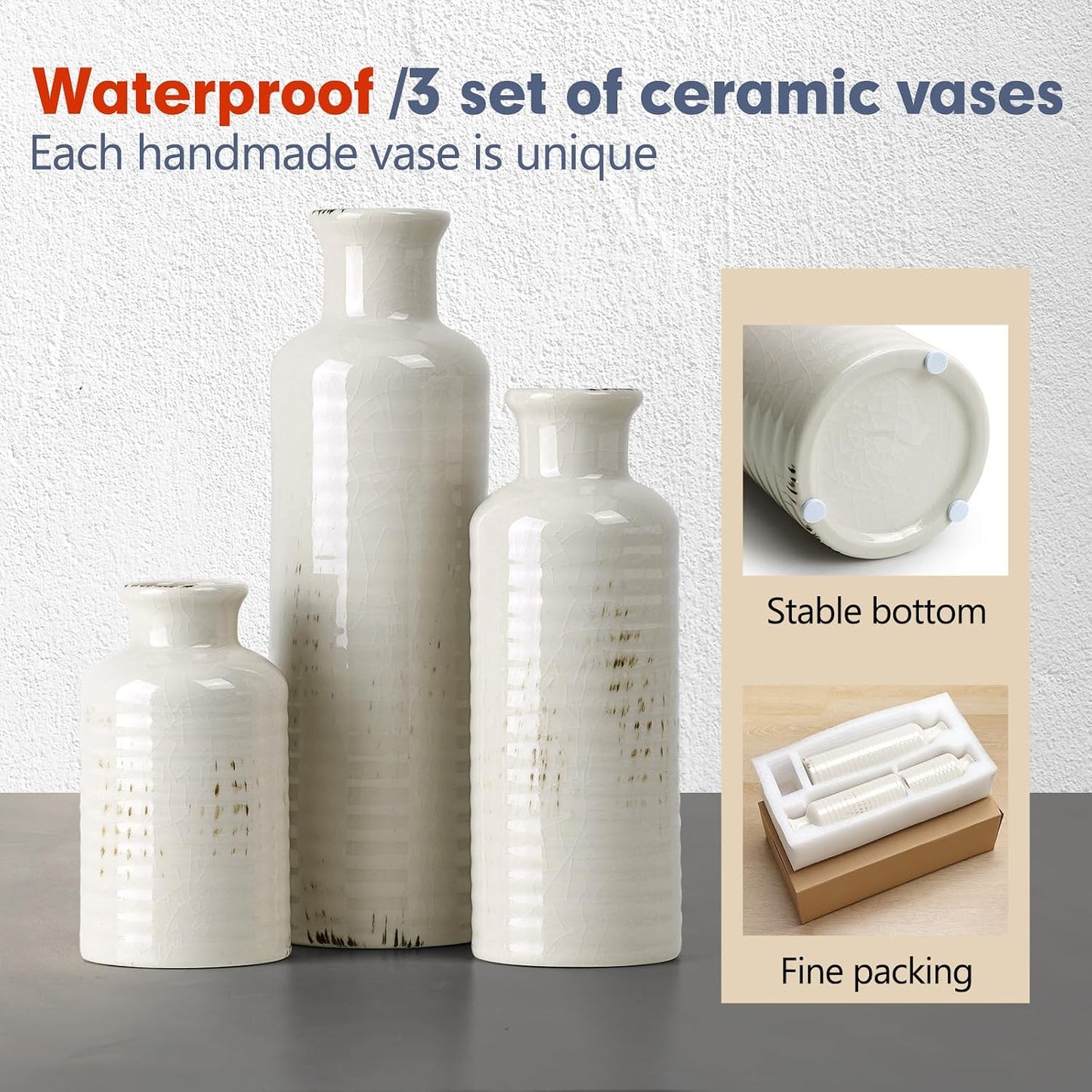 CUCUMI Ceramic Vase Set of 5, Home Decor Farmhouse Décor Handmade Pottery Vases for Pampas Grass, Dried Fresh Flowers, Table, Living Room, Kitchen, Shelf, Entryway Mantel Neutral Tones
