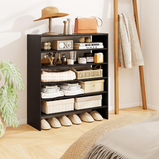 COSTWAY 6-Tier Shoe Rack, Extra Wide Shoe Shelf Organizer with Stackable Design, 31" Freestanding Adjustable Storage Shoe Stand for Small Space Entryway Hallway Closet (1,Black)