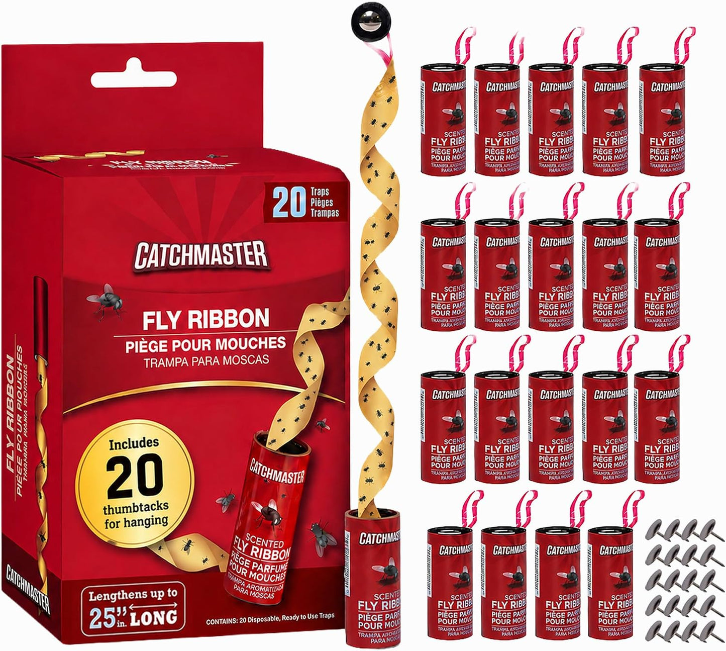 Catchmaster Fly Ribbon 20-Pack, Bug & Fly Traps Outdoor and Indoor, Premium Adhesive Sticky Strips & Gnat Hanging Strips, Bulk Flying Insect Paper Rolls, Pesticide-Free Home Pest Control