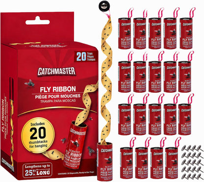 Catchmaster Fly Ribbon 20-Pack, Bug & Fly Traps Outdoor and Indoor, Premium Adhesive Sticky Strips & Gnat Hanging Strips, Bulk Flying Insect Paper Rolls, Pesticide-Free Home Pest Control