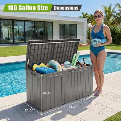 Flamaker Resin Deck Box 120 Gallon Waterproof Large Outdoor Indoor Storage Box Imitation Wood Resin for Patio Furniture Garden Tools and Pool (Black)