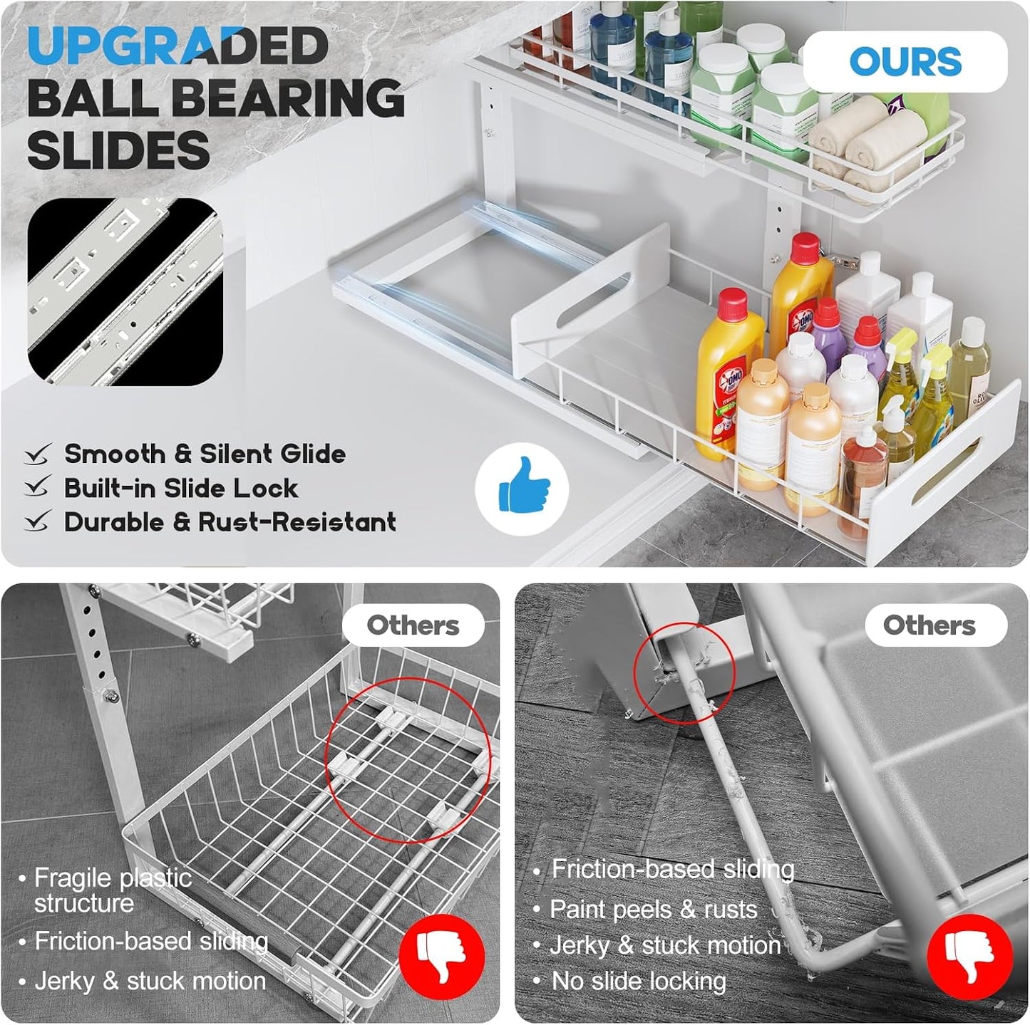 Under Sink Organizer Upgrade To Professional Rails,2-Tier Dual Pull Out Cabinet Storage,Height Adjustable Slide Out Drawers For Bathroom Kitchen,2 Pack-14.5" Dx12.8-16.9" H,White