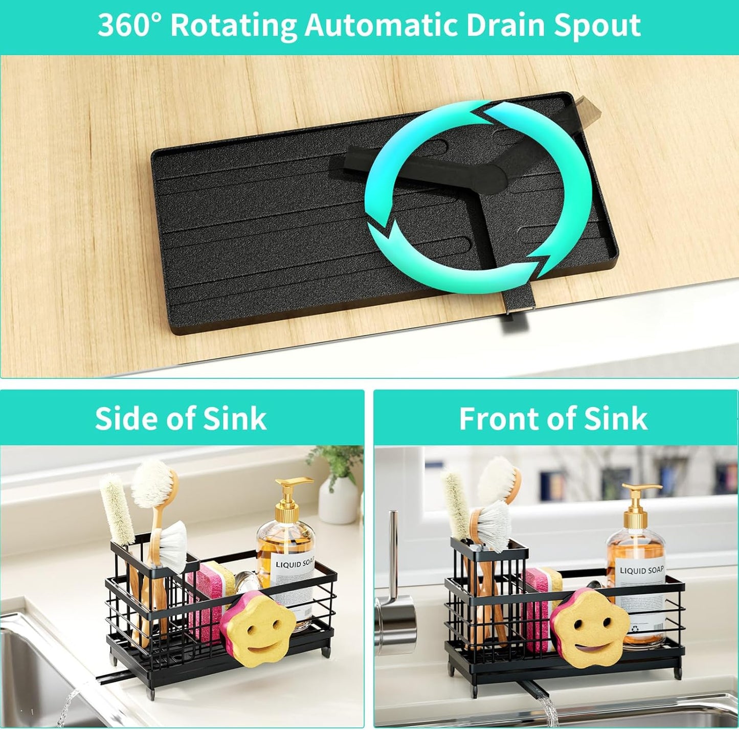 HapiRm Sponge Holder for Kitchen Sink - Self-draining Sink Caddy with Brush and Dishcloth Holders, Stainless Steel Kitchen Countertop Organizers and Storage Essentials - Black