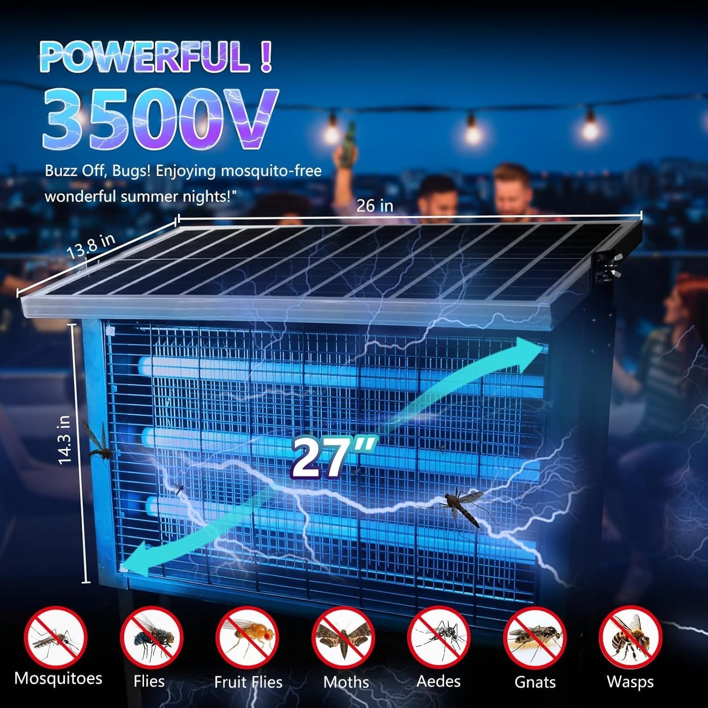 Powerful Large Solar Bug Zapper for 3000 sq.ft with 13FT Extension Cord | Rechargeable Outdoor Mosqutio Killer with 13W Solar Panel, Waterproof Solar Bug Zapper for Patio Garden Backyard RV Camping