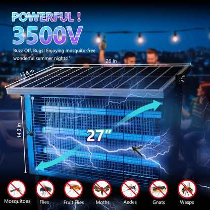 Powerful Large Solar Bug Zapper for 3000 sq.ft with 13FT Extension Cord | Rechargeable Outdoor Mosqutio Killer with 13W Solar Panel, Waterproof Solar Bug Zapper for Patio Garden Backyard RV Camping