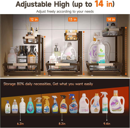 Sevenblue 2-Pack 2-Tier Height Adjustable Under Sink Organizer & Storage | Multi-purpose storage for kitchen & bathroom cabinet. Large black shelf, height adjustable design for space-saving.