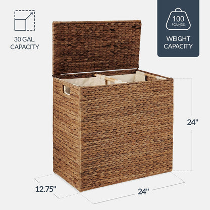 Best Choice Products Large Double Laundry Hamper with Lid, Natural Handwoven Water Hyacinth, 2 Sections w/ 2 Machine Washable Linen Liner Bags, Portable, Handles - Natural