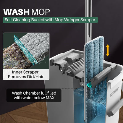 JOYMOOP Mop and Bucket Set, Flat Mops for Floor & Wall Cleaning, Commercial & Household Use, Hardwood Floor Mop with Long Handle & 4 Microfiber Pads