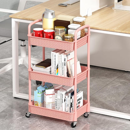 MOYIPIN 3-Tier Plastic Rolling Utility Cart with Handle,Utility Storage Cart for Office, Living Room, Kitchen,Movable Storage Organizer Shelves,White