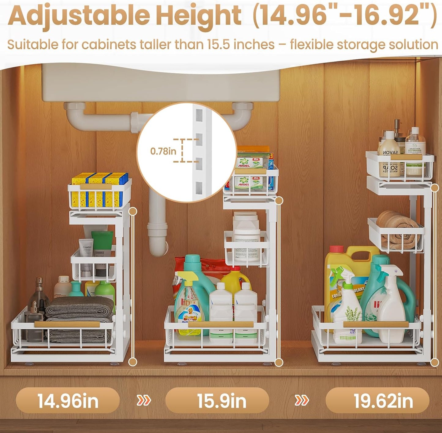 Under Sink Organizer and Storage for Bathroom and Kitchen - 2 Pack 3 Tier Under Cabinet Pull Out Shelf Organizers - Slide Out Drawer Organization for Home Cabinets Shelves and Drawers