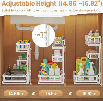 Under Sink Organizer and Storage for Bathroom and Kitchen - 2 Pack 3 Tier Under Cabinet Pull Out Shelf Organizers - Slide Out Drawer Organization for Home Cabinets Shelves and Drawers