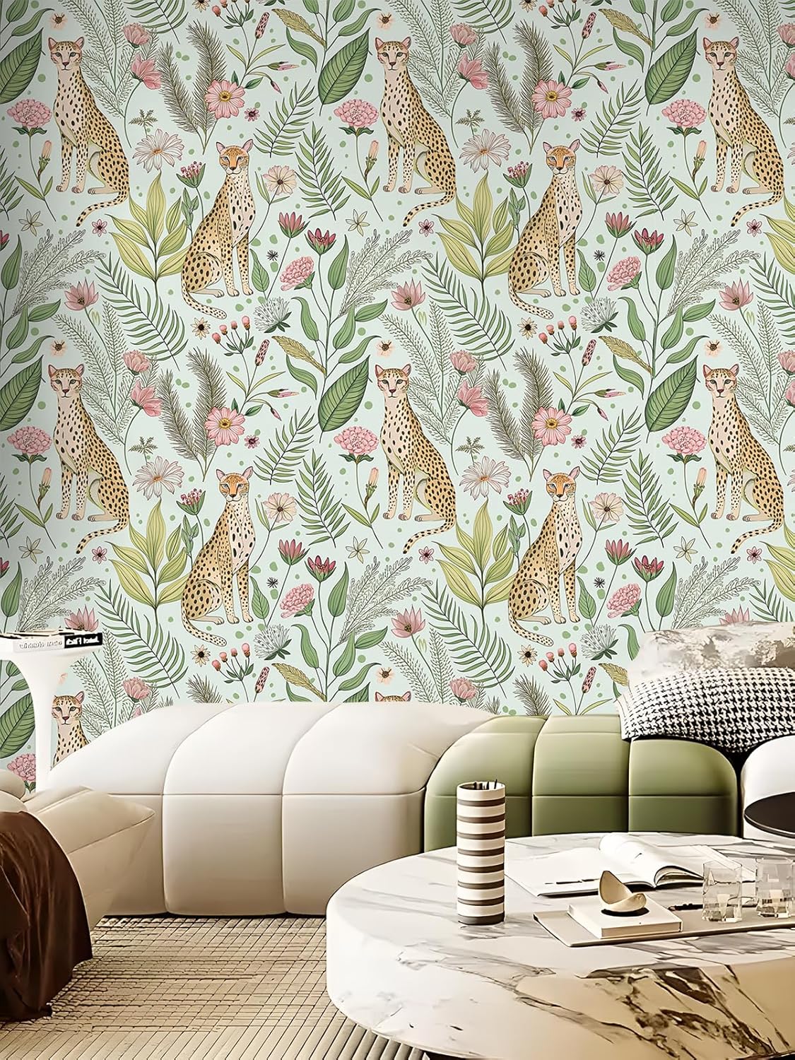 Floralplus Peel and Stick Wallpaper Leopard Jungle Removable Wallpaper for Bathroom Renter Friendly Wallpapers Self Adhesive Animal Floral Contact Paper for Accent Wall 17.5 x 118 in