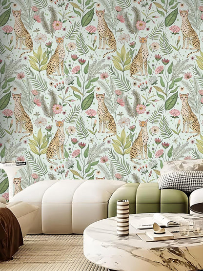 Floralplus Peel and Stick Wallpaper Leopard Jungle Removable Wallpaper for Bathroom Renter Friendly Wallpapers Self Adhesive Animal Floral Contact Paper for Accent Wall 17.5 x 118 in