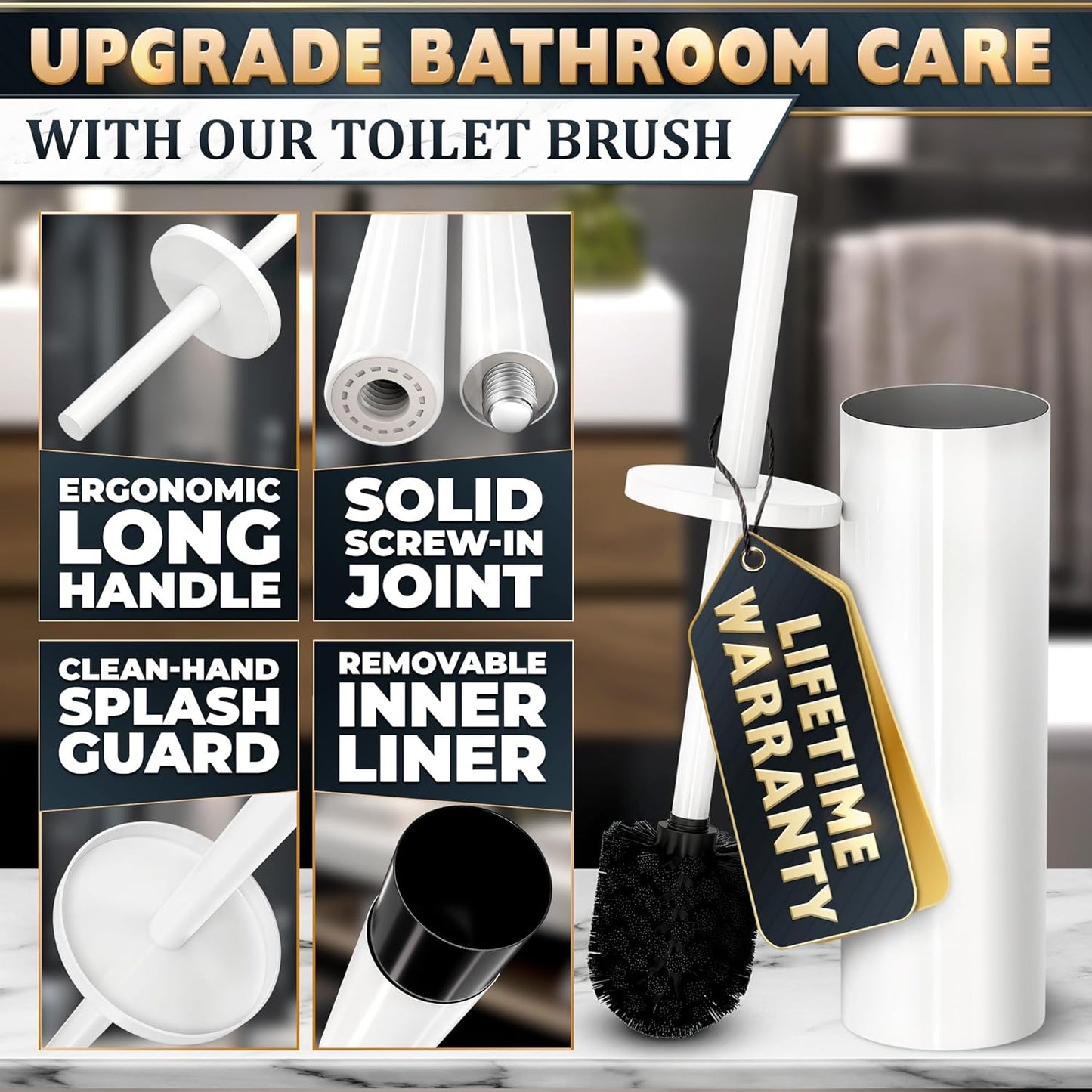 Black Toilet Brush and Holder Set - Slim Matte Design that Fits Anywhere - Stainless Steel Toilet Bowl Brush and Holder with 2 Rounded Corners, Replaceable Head, Removable Inner Bowl & Splash Guard