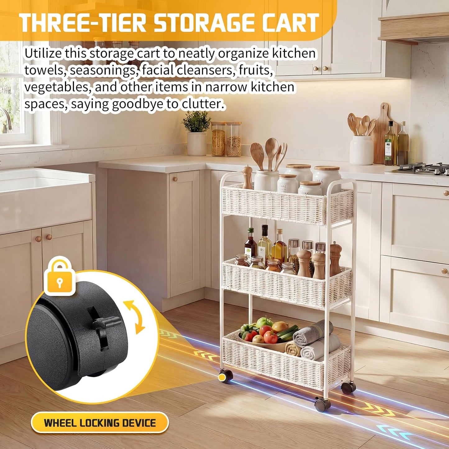 FOCHIER F Utility Slim Storage Cart,3-Tier Rolling Kitchen Office Laundry Room Cart,Mobile Shelving Unit Organizer for Living Room Bathroom Baby Diaper Narrow Places (Black, 3 Tiers-7.1 inch (W))