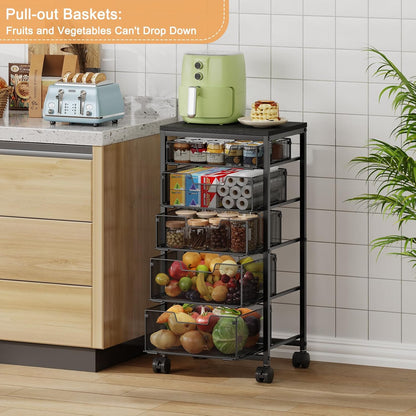 4 Tier Kitchen Rolling Cart, Kitchen Storage Cart with Wheels, Adjust Pantry Organizer and Storage Cart with Drawer, Fruit Vegetable Spice Storage Cart, Wooden Top Metal Kitchen Organizer Rack Stand