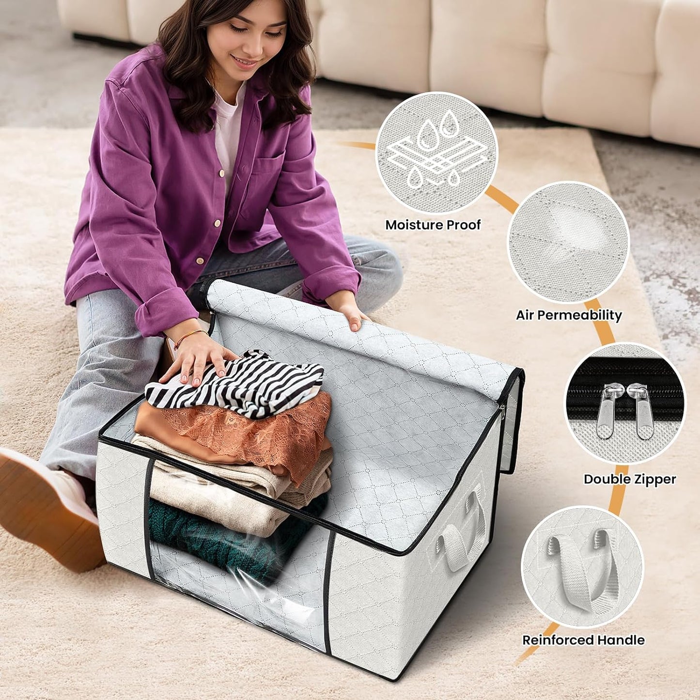 Fab totes 6 Pack Storage Bags for Clothes and Blanket, Foldable Closet Organizers and Storage with Zippers, Clear Window and Handles, Fabric Storage Bins for Sweater, Comforter, Bedding,Linen Sheets