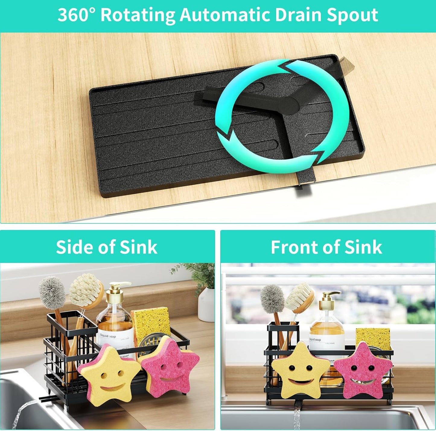 HapiRm Sponge Holder for Kitchen Sink - Self-draining Sink Caddy with Brush and Dishcloth Holders, Stainless Steel Kitchen Countertop Organizers and Storage Essentials - Black