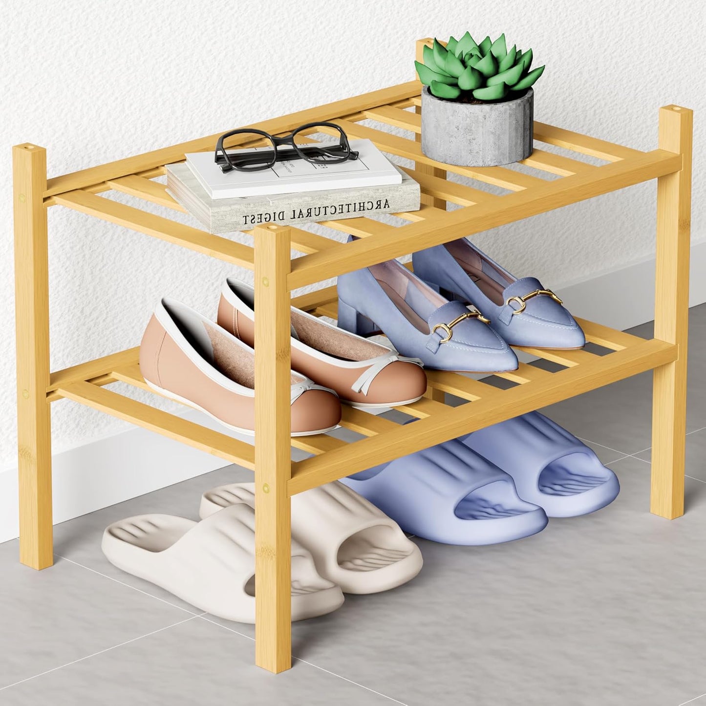 Smiry Bamboo Shoe Rack for Closet, 3 Tier Wooden Shoe Organizer, Stackable Wood Shoe Storage Shelf for Entryway, 14 Vertical Slats, One-piece Heavy-Duty Legs, 26.77"x11.02"x18.31", Natural