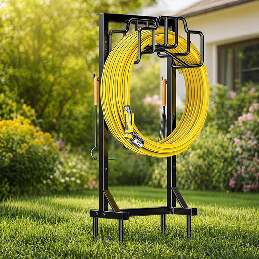 Skycarper Garden Hose Reel Holder Detachable Metal Water Hose Hanger Organizer Heavy Duty Free Standing Hose Stand (Deep Black)