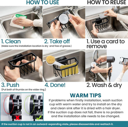 TAILI Sponge Holder with Strong Suction Cup, Dish Sponge Caddy Inside Sink Removable, Rustproof Aluminum for Sponges, Brushes, Stoppers and Scrapers - Black