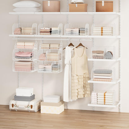 SWTYMIKI Hanging Closet Organizer Storage - 3 Tier Metal Stackable Hanging Closet Shelves with Dividers and S Hooks, Foldable Clothes Shelves for Clothes, Pants, Shoes, Coat, Hats Clutches Accessories