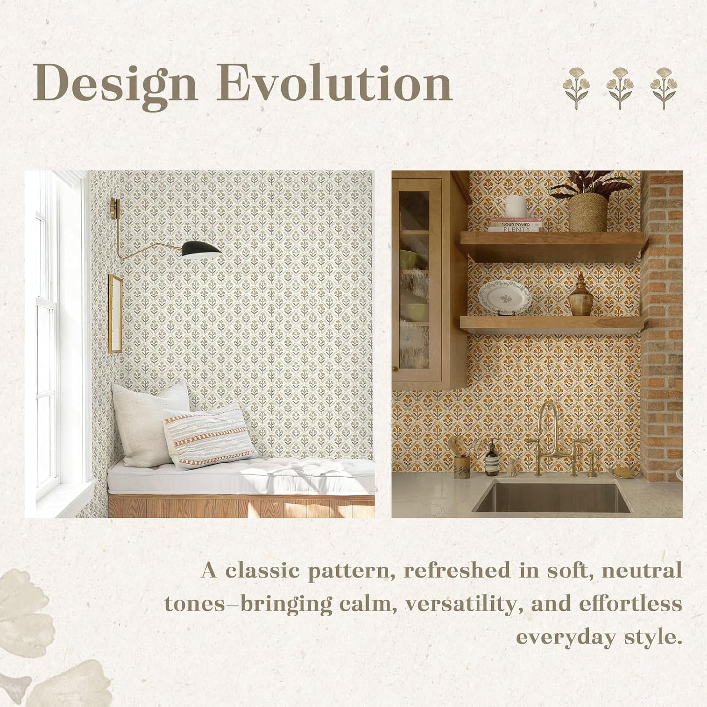 Dimoon 17.3''x78.7'' Peel and Stick Wallpaper Floral Cute Contact Paper Vintage Village Country Cottage Wallpaper Farmhouse Yellow Beige Renter Friendly Geometry Waterproof Embossed Kitchen Bedroom