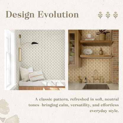 Dimoon 17.3''x78.7'' Peel and Stick Wallpaper Floral Cute Contact Paper Vintage Village Country Cottage Wallpaper Farmhouse Yellow Beige Renter Friendly Geometry Waterproof Embossed Kitchen Bedroom