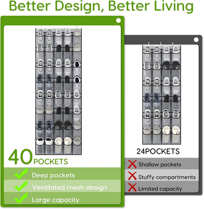 Over the Door Shoe Organizer with 40 Large Breathable Mesh Pockets, Space Saving Shoe Holder, Hanging Shoe Rack for Entryway Bedroom Closet Storage (White, 40 Pockets)