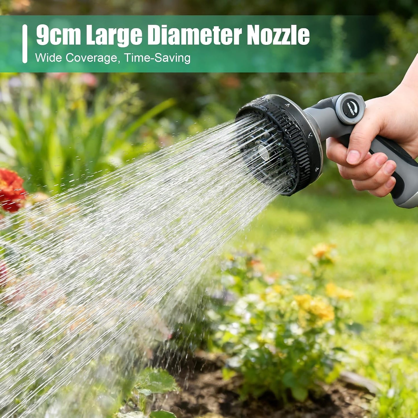 Garden Hose Nozzle - Heavy Duty Water Hose Sprayer with 8 Spray Patterns, Dia 90mm Thumb Control On/Off Valve, Durable Zinc Alloy Body for Lawn, Car & Pet Cleaning