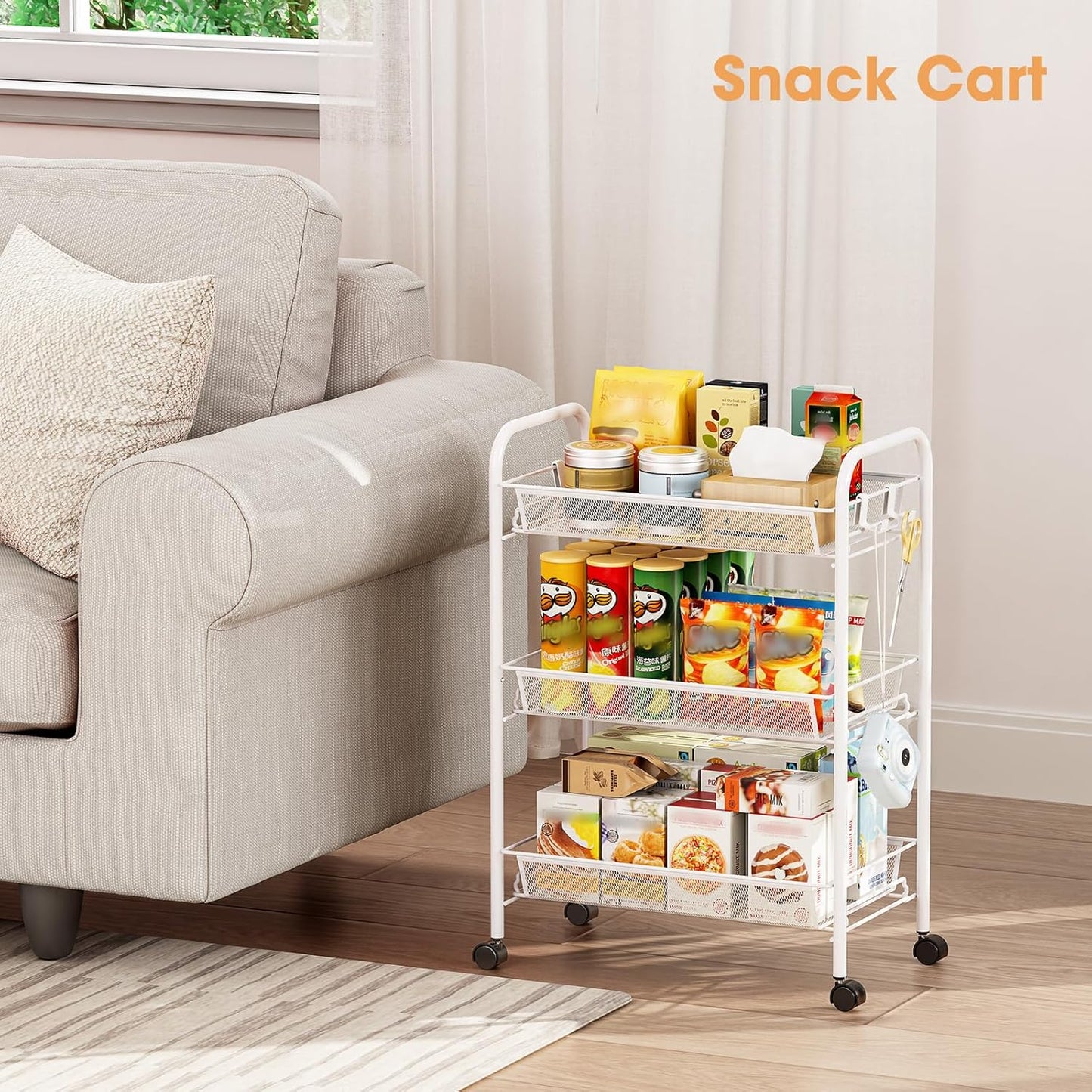 TOOLF 3-Tier Metal Rolling Cart, Mesh Wire Easy Assemble Utility Cart, Storage Trolley on Wheels with 3 Hooks, MetalStorage Shelving Units for Kitchen Bathroom Laundry Room